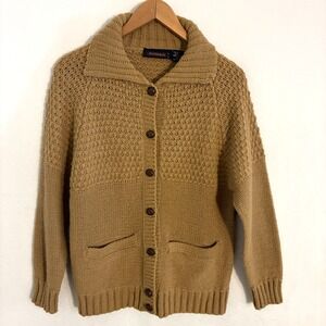Vtg Cardigan Sweater Womens Size M Knit Wood Button Granola Boho Granny Festival